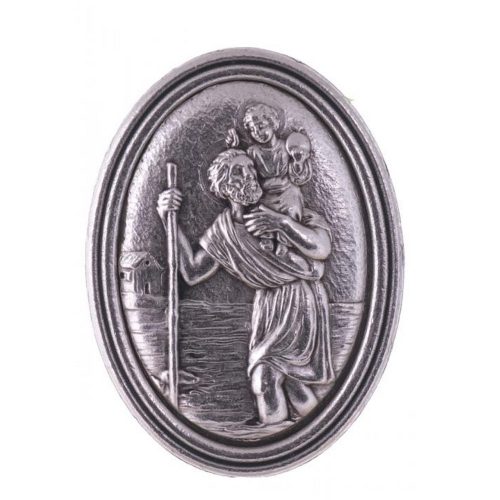 Szent Kristóf ezüst színű fém érem, öntapadós-mágneses, ovális 3x4 cm