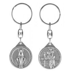   Kulcstartó - Szent Kristóf-Csodás Mária - kerek, ezüst-oxid - 8,5 cm