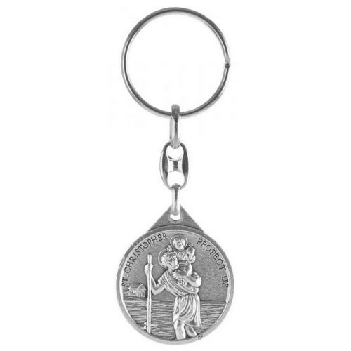 Kulcstartó - Szent Kristóf-Csodás Mária - kerek, ezüst-oxid - 8,5 cm